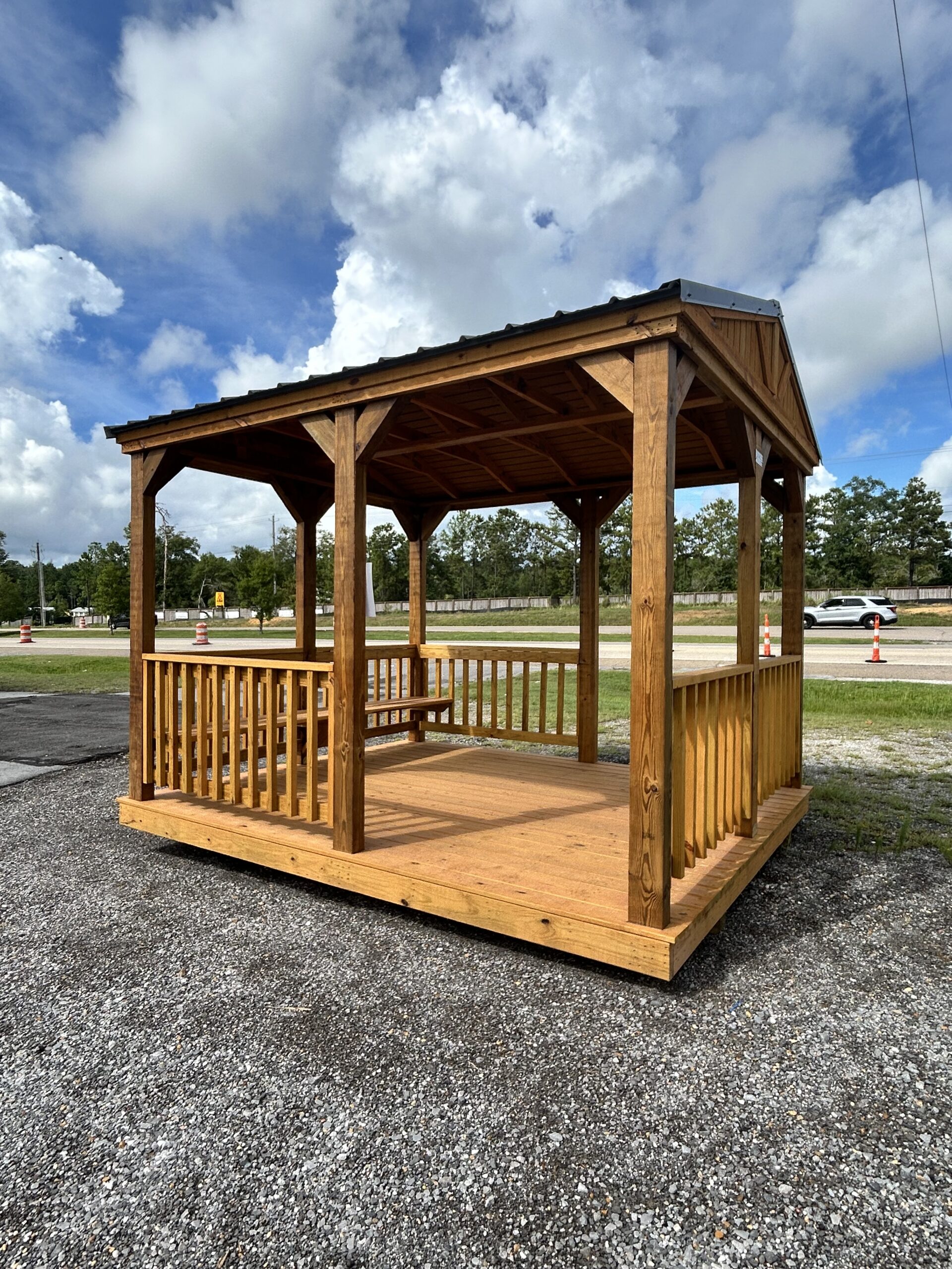 10x12 Wood Pavilion for Sale in Gulfport, MS – $4,555 plus tax. Available at R&R Sales & Services on Highway 49. Rent-to-own options available with monthly payments as low as $168 plus tax.